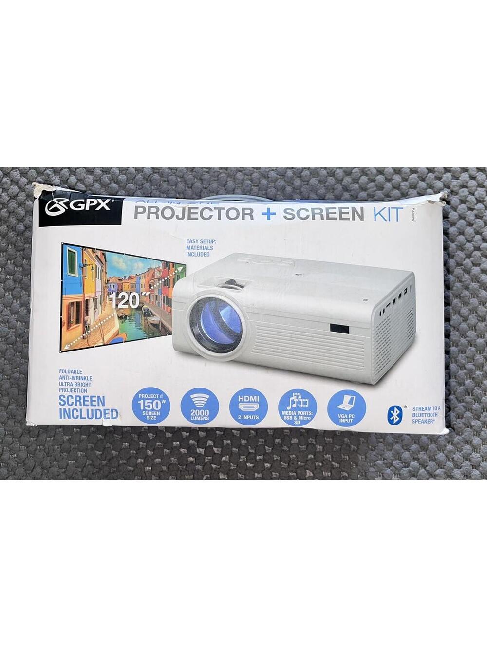 GPX All-in-One Projector and Screen Kit 150" Screen Size In box